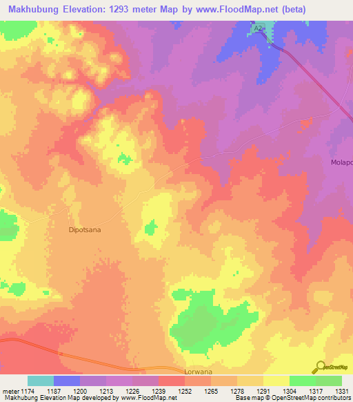 Makhubung,Botswana Elevation Map