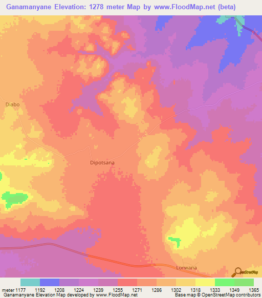 Ganamanyane,Botswana Elevation Map