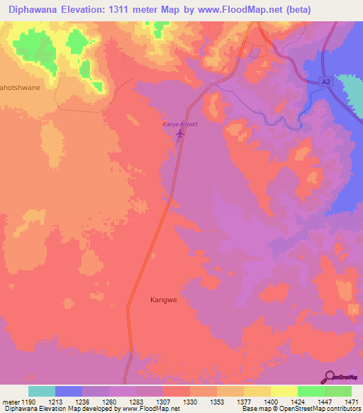 Diphawana,Botswana Elevation Map