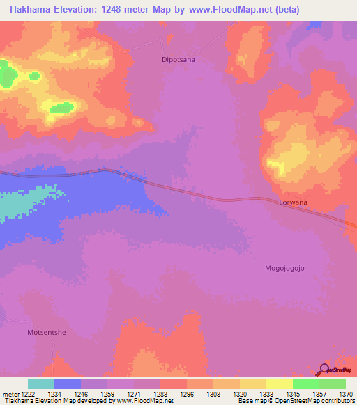 Tlakhama,Botswana Elevation Map