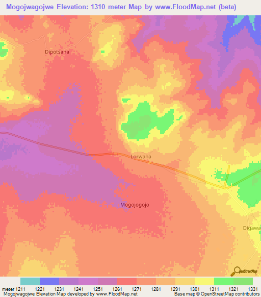 Mogojwagojwe,Botswana Elevation Map