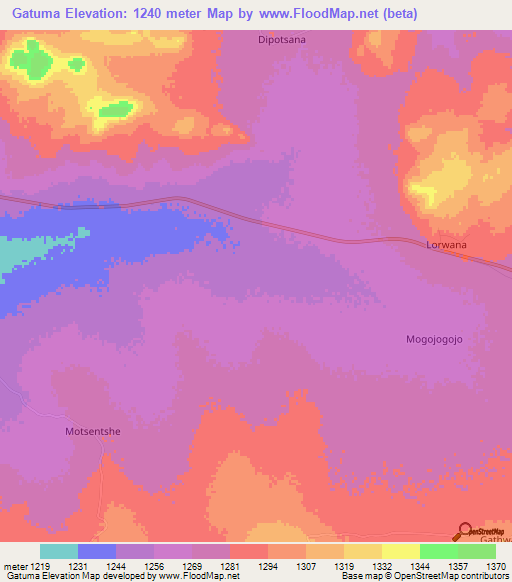 Gatuma,Botswana Elevation Map