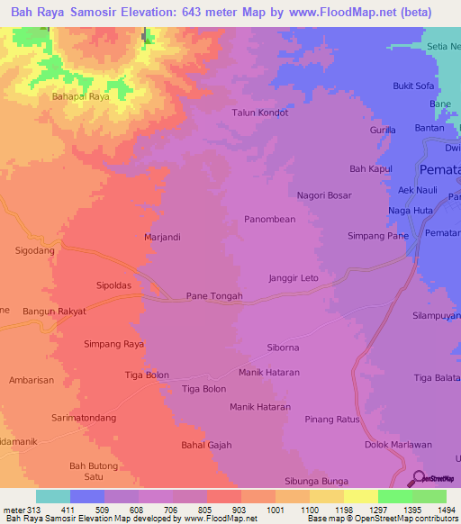 Bah Raya Samosir,Indonesia Elevation Map
