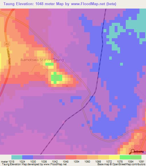 Taung,Botswana Elevation Map
