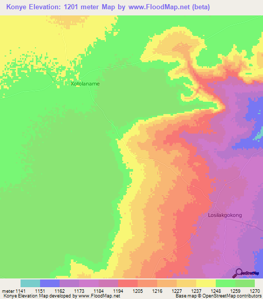 Konye,Botswana Elevation Map