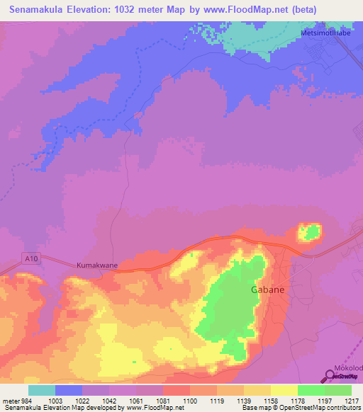 Senamakula,Botswana Elevation Map