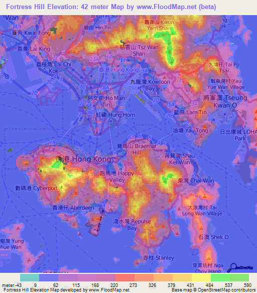 Fortress Hill,Hong Kong Elevation Map