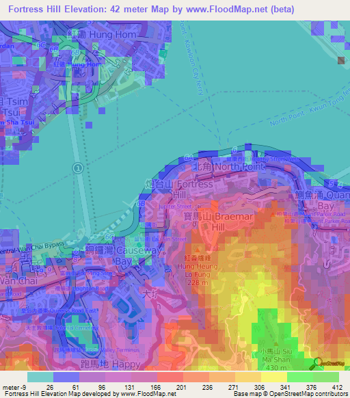 Fortress Hill,Hong Kong Elevation Map