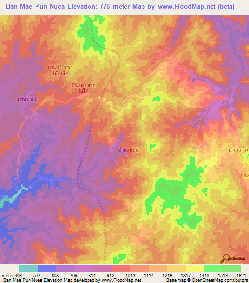 Ban Mae Pun Nuea,Thailand Elevation Map