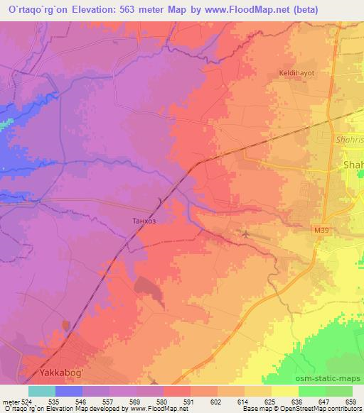 O`rtaqo`rg`on,Uzbekistan Elevation Map