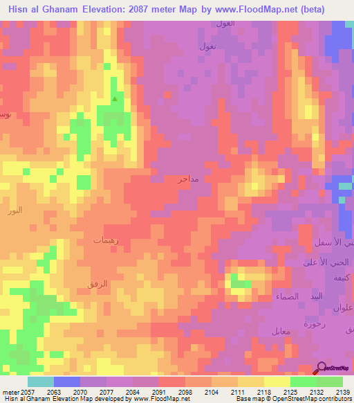 Hisn al Ghanam,Yemen Elevation Map