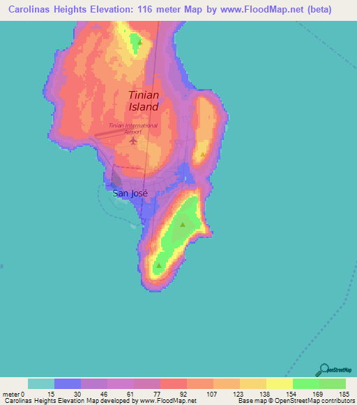 Carolinas Heights,Northern Mariana Islands Elevation Map