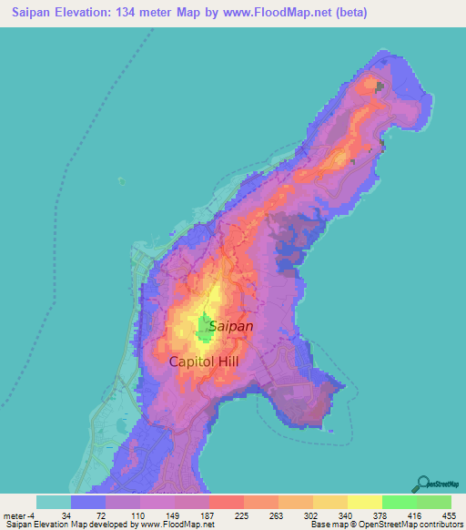 Saipan,Northern Mariana Islands Elevation Map