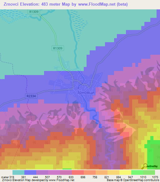 Zrnovci,Macedonia Elevation Map
