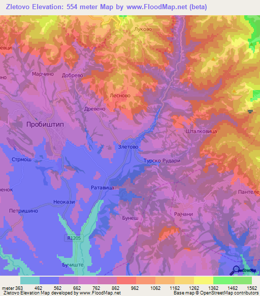 Zletovo,Macedonia Elevation Map