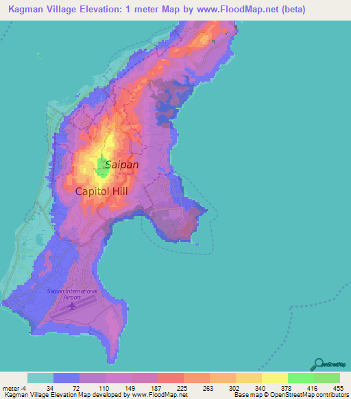 Kagman Village,Northern Mariana Islands Elevation Map