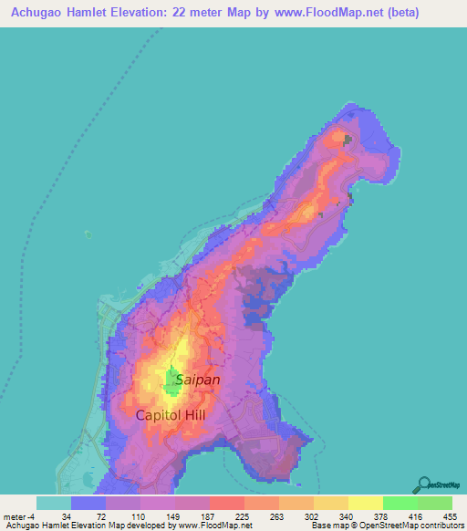 Achugao Hamlet,Northern Mariana Islands Elevation Map