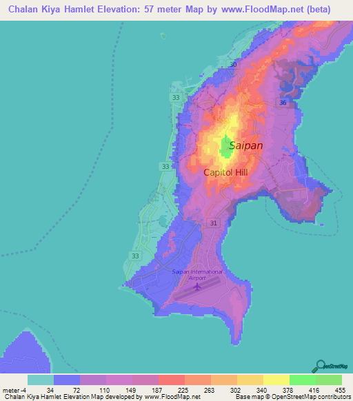 Chalan Kiya Hamlet,Northern Mariana Islands Elevation Map