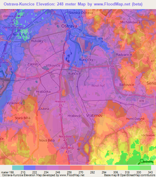 Ostrava-Kuncice,Czech Republic Elevation Map