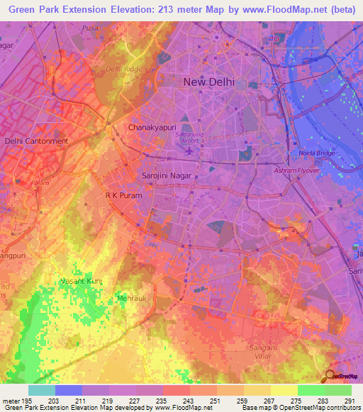Green Park Extension,India Elevation Map