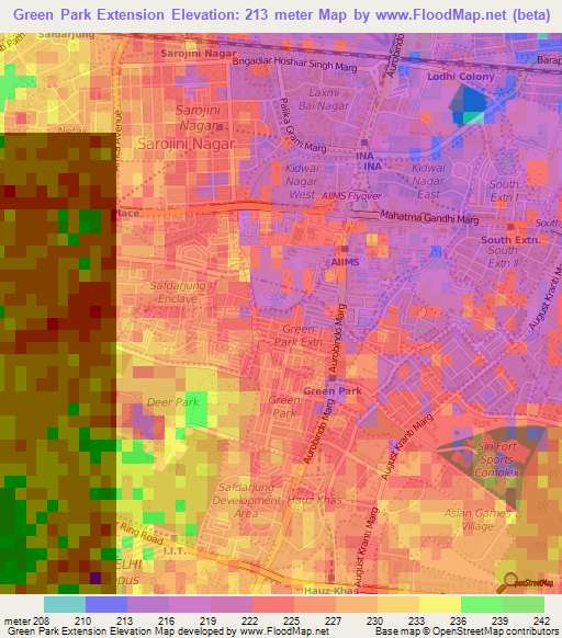 Green Park Extension,India Elevation Map