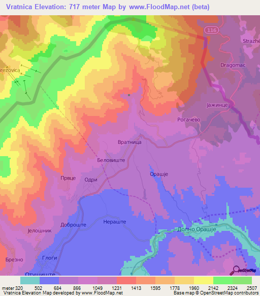 Vratnica,Macedonia Elevation Map