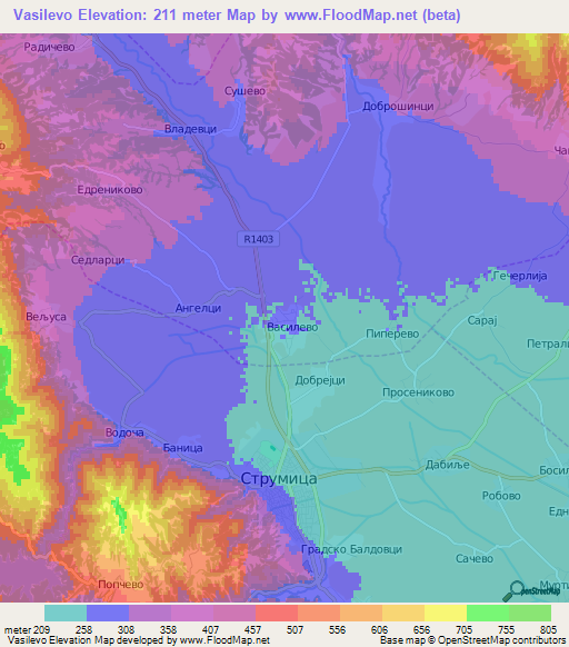 Vasilevo,Macedonia Elevation Map