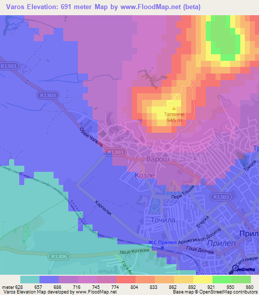 Varos,Macedonia Elevation Map