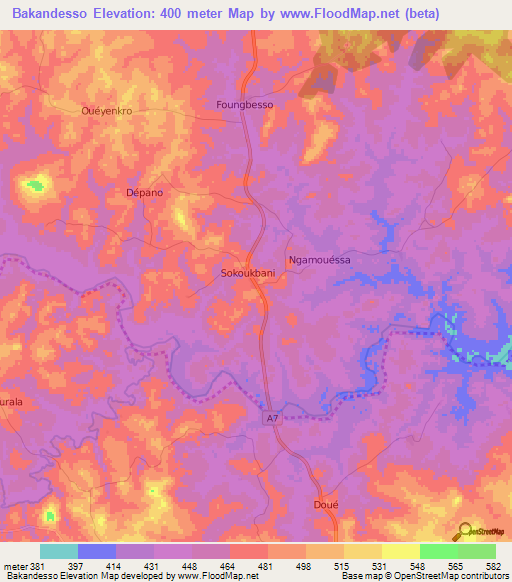 Bakandesso,Ivory Coast Elevation Map
