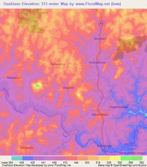 Ouehisso,Ivory Coast Elevation Map