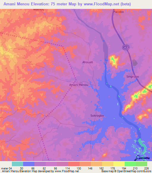 Amani Menou,Ivory Coast Elevation Map