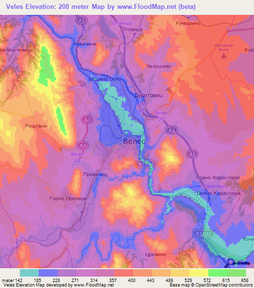 Veles,Macedonia Elevation Map