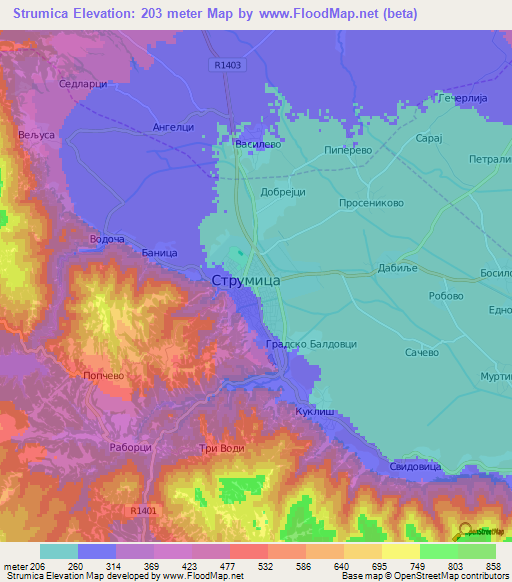 Strumica,Macedonia Elevation Map