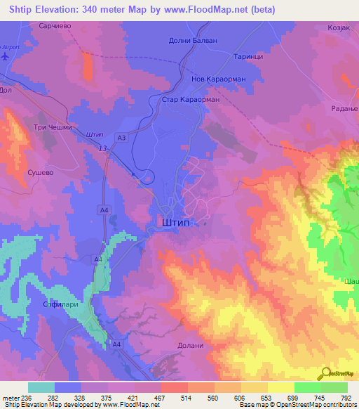 Shtip,Macedonia Elevation Map