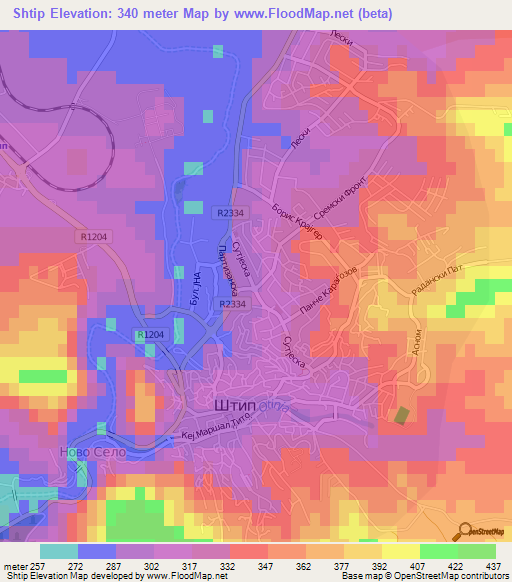 Shtip,Macedonia Elevation Map