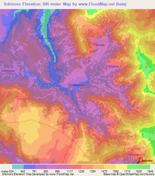 Srbinovo,Macedonia Elevation Map