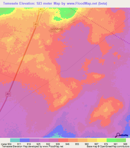 Temesele,Botswana Elevation Map