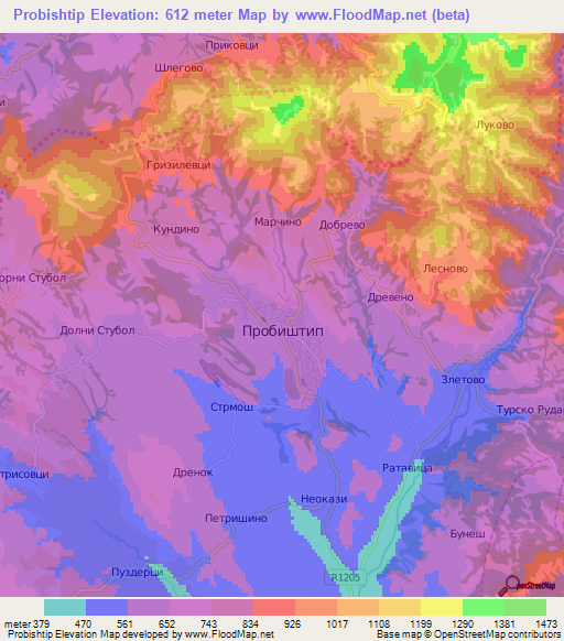 Probishtip,Macedonia Elevation Map