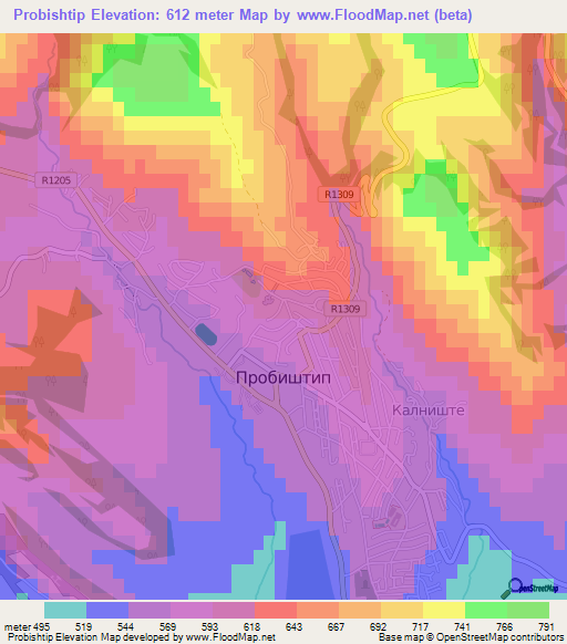 Probishtip,Macedonia Elevation Map