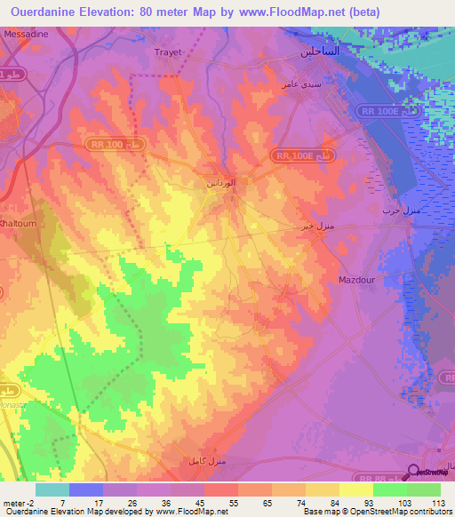 Ouerdanine,Tunisia Elevation Map