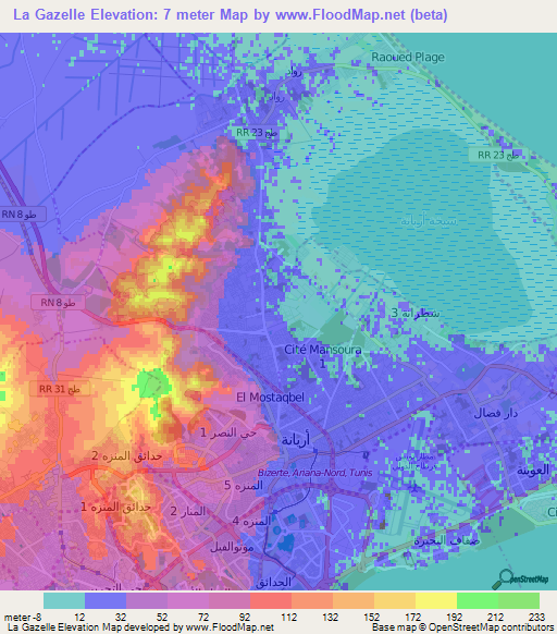 La Gazelle,Tunisia Elevation Map