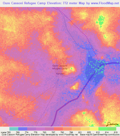 Oure Cassoni Refugee Camp,Chad Elevation Map