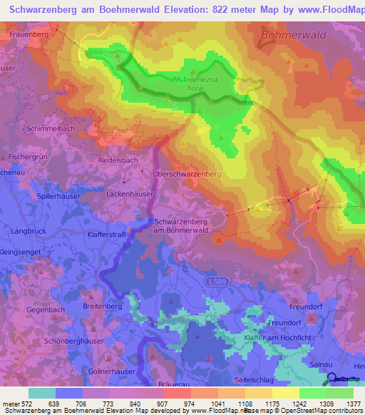 Schwarzenberg am Boehmerwald,Austria Elevation Map