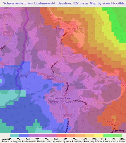 Schwarzenberg am Boehmerwald,Austria Elevation Map