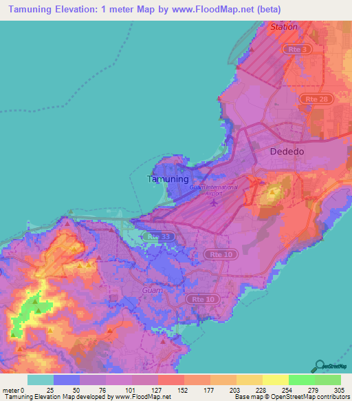 Tamuning,Guam Elevation Map