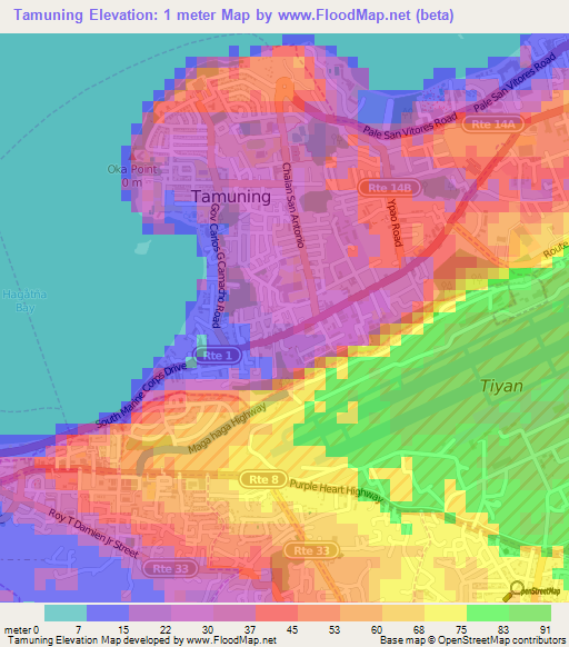 Tamuning,Guam Elevation Map