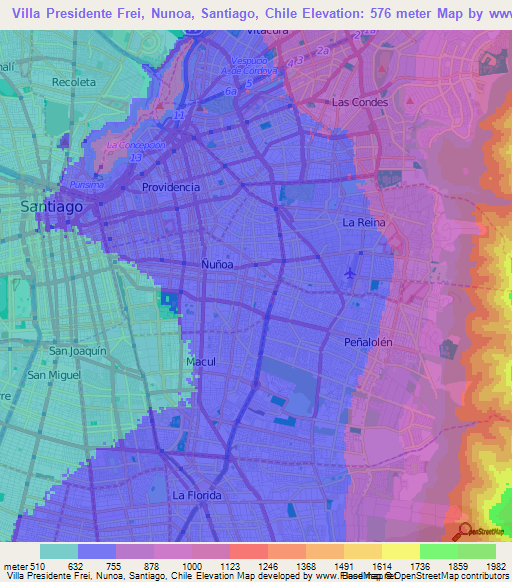 Villa Presidente Frei, Nunoa, Santiago, Chile,Chile Elevation Map