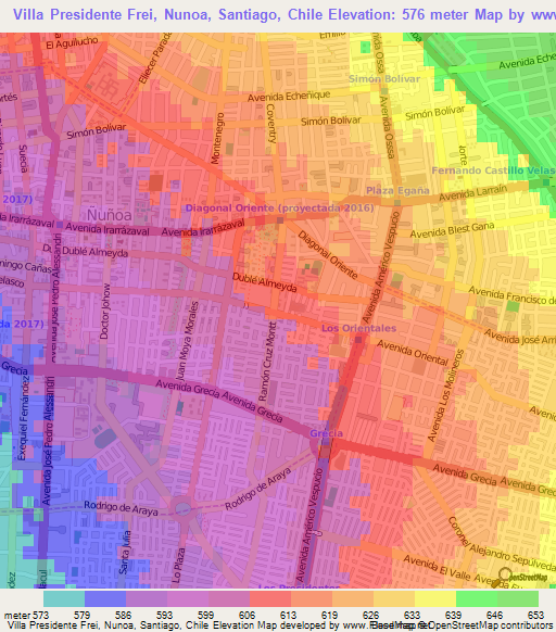 Villa Presidente Frei, Nunoa, Santiago, Chile,Chile Elevation Map