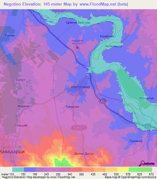 Negotino,Macedonia Elevation Map