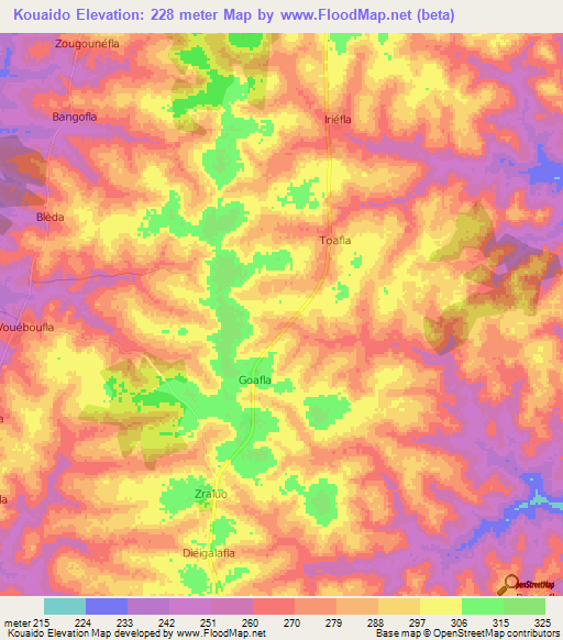 Kouaido,Ivory Coast Elevation Map